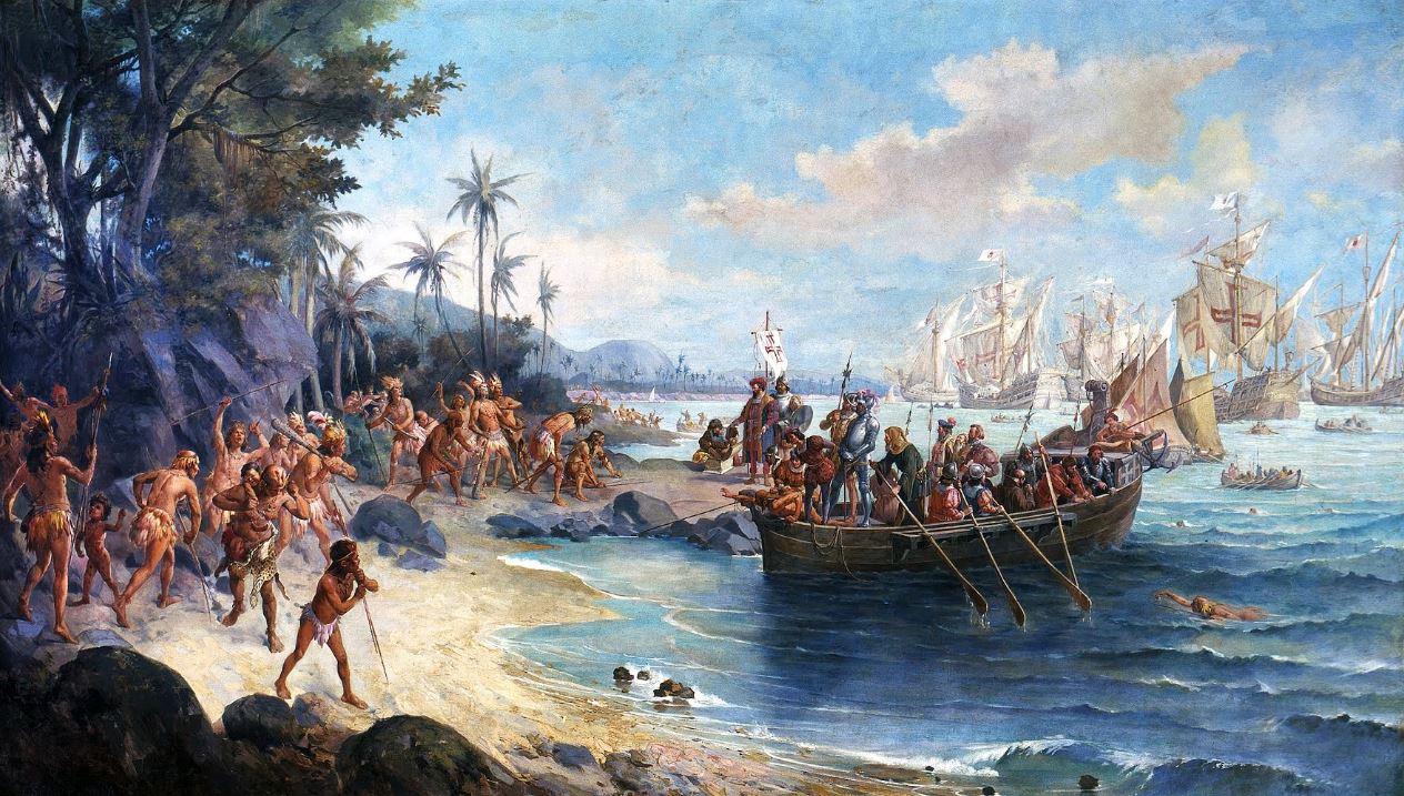 Desembarque de Pedro Álvares Cabral em Porto Seguro, 1500, tela em óleo de Oscar Pereira da Silva.