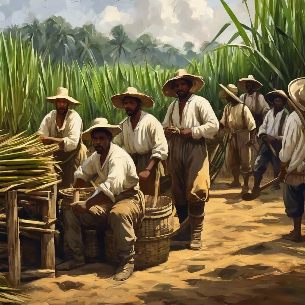 Trabalhadores no engenho de açúcar na época do Brasil Colônia